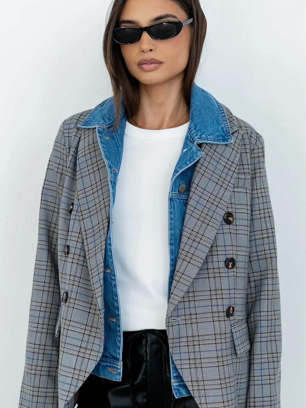 bohme Gray Plaid Blazer with Blue Denim Collar